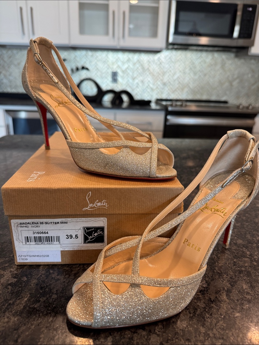 Christian Louboutin Women's Glitter Peep-Toe Slingback Heels in Champagne